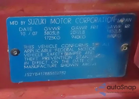 2008 Suzuki Sx4 Convenience/Touring из США, поврежденный, VIN JS2YB417885102232